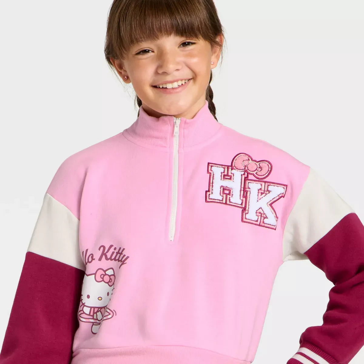 Hello Kitty Girls Quarter-Zip Fleece Varsity Sweatshirt Apparel Mad Engine Global LLC