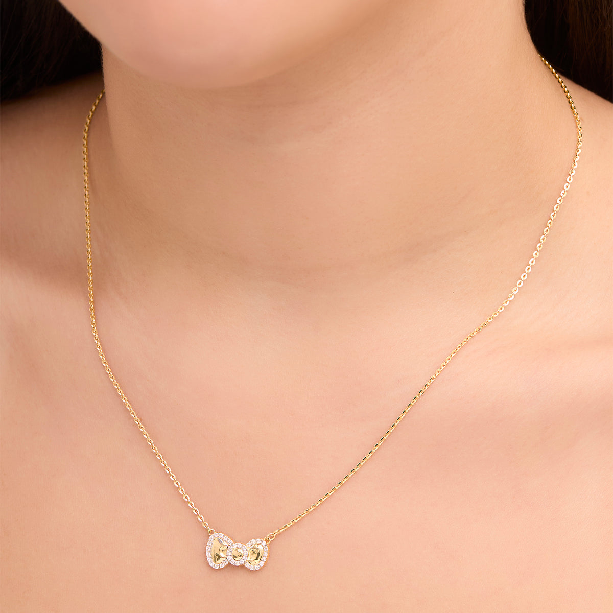 Hello Kitty 18" Two-Tone Gold Plated Bow Necklace (White Sapphire) Jewelry JACMEL JEWELRY INC