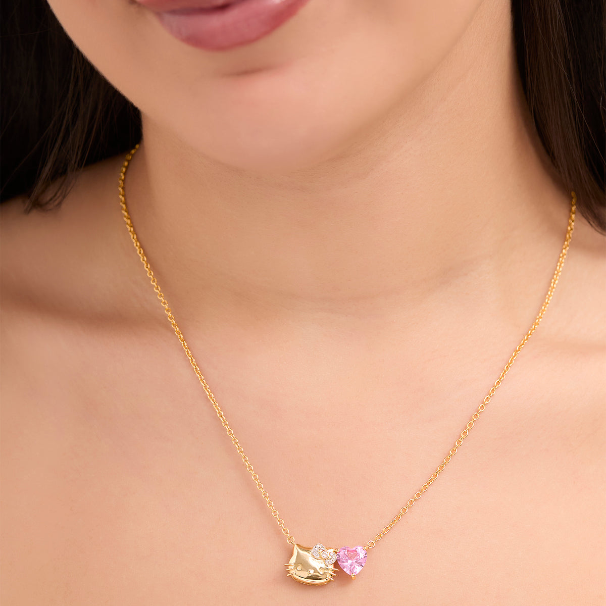 Hello Kitty 18" Two-Tone Gold Plated Face & Heart Necklace (Pink & White Sapphire) Jewelry JACMEL JEWELRY INC