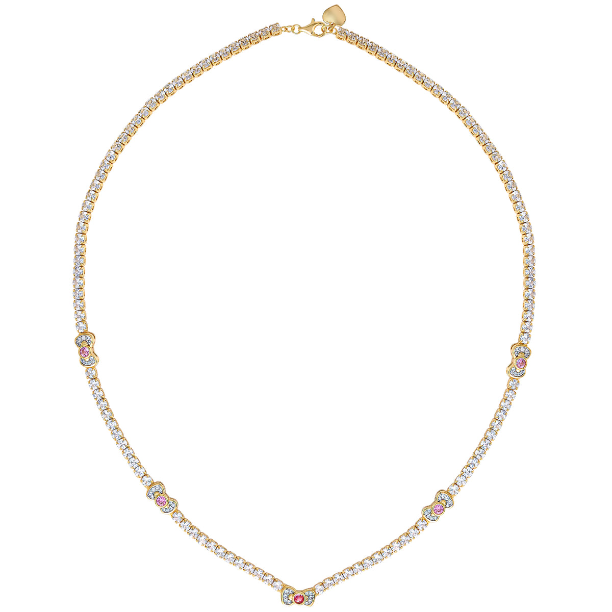 Hello Kitty Two-Tone Gold Plated Bow Tennis Necklace (Pink & White Sapphire) Jewelry JACMEL JEWELRY INC