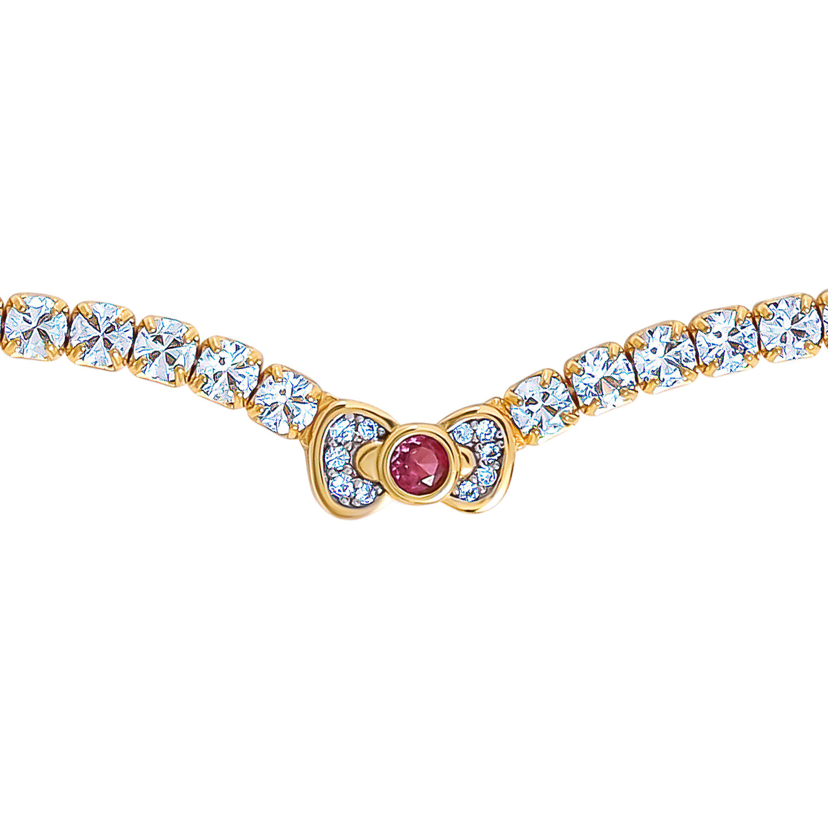 Hello Kitty Two-Tone Gold Plated Bow Tennis Necklace (Pink & White Sapphire) Jewelry JACMEL JEWELRY INC