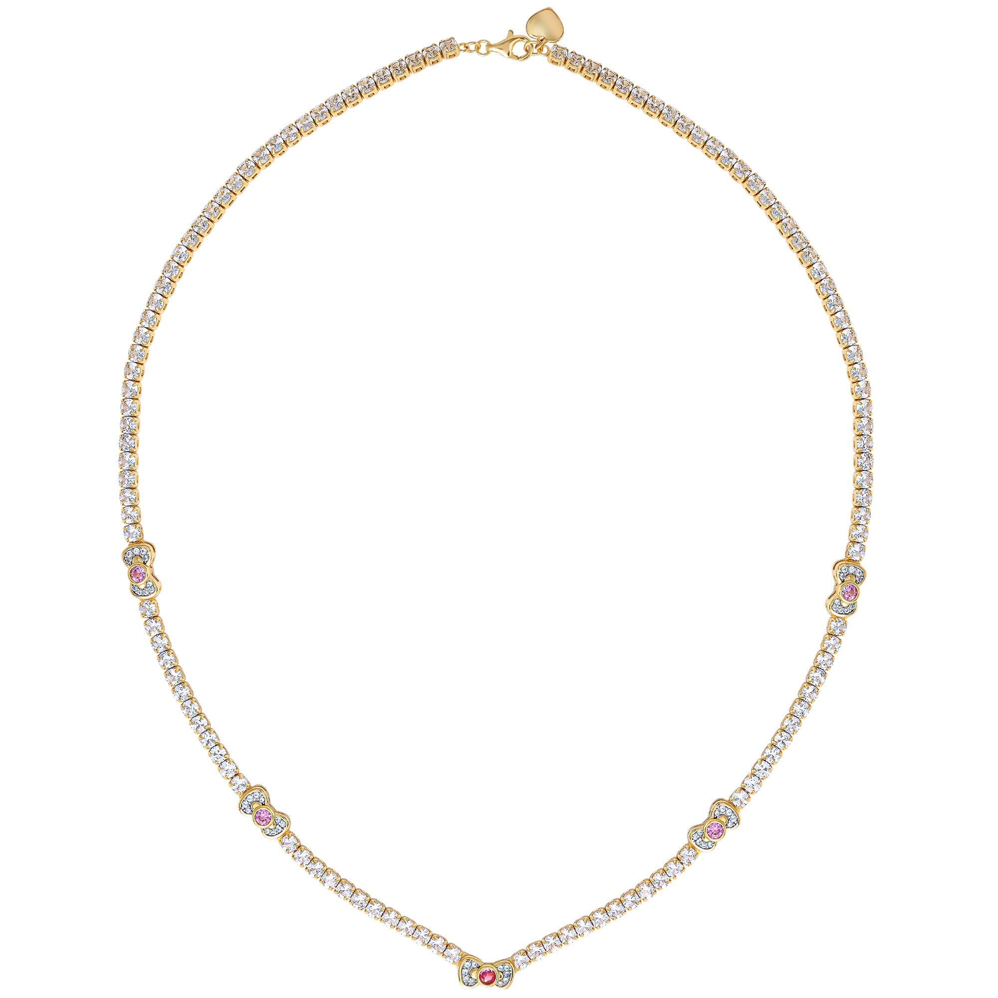 Hello Kitty Two-Tone Gold Plated Bow Tennis Necklace (Pink & White Sapphire) Jewelry JACMEL JEWELRY INC