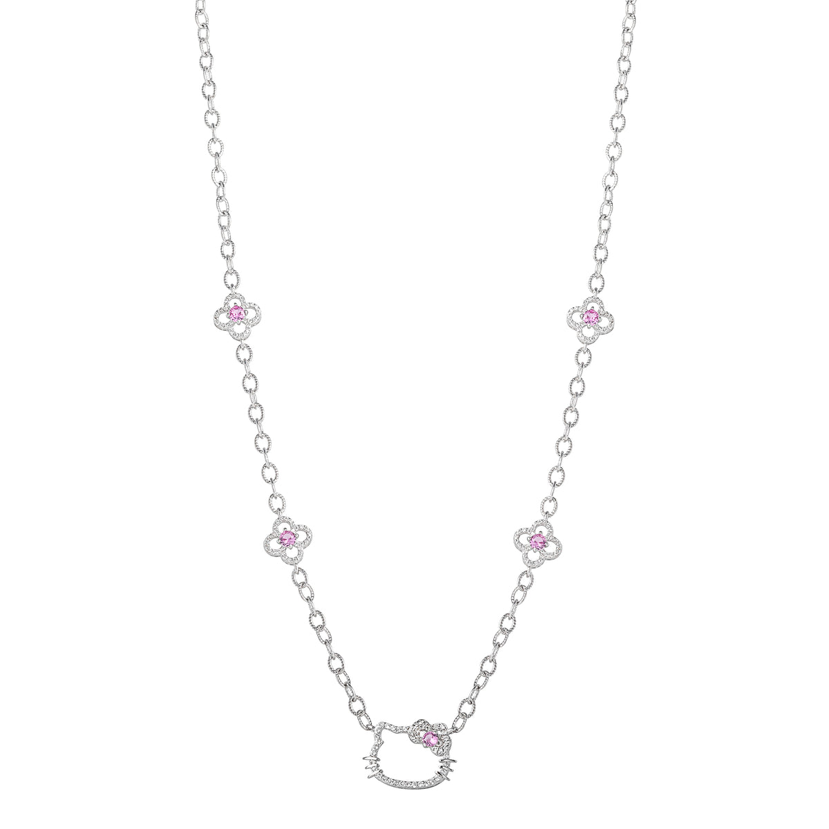 Hello Kitty 18" Quatrefoil Sterling Silver Drop Necklace (Pink & White Sapphire) Jewelry JACMEL JEWELRY INC