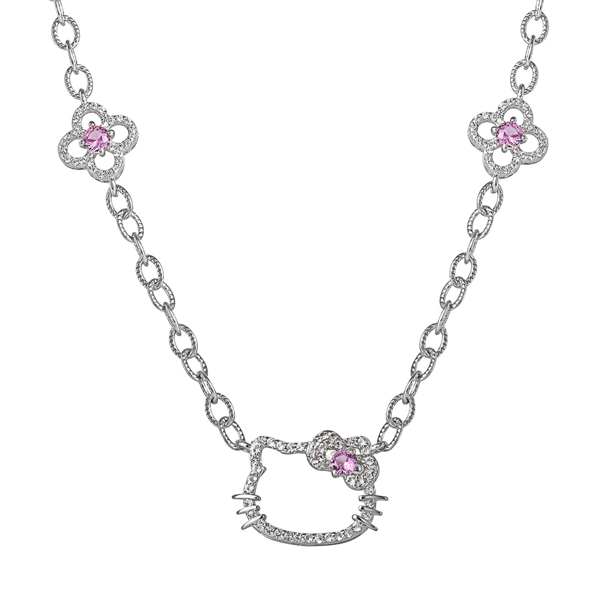 Hello Kitty 18" Quatrefoil Sterling Silver Drop Necklace (Pink & White Sapphire) Jewelry JACMEL JEWELRY INC