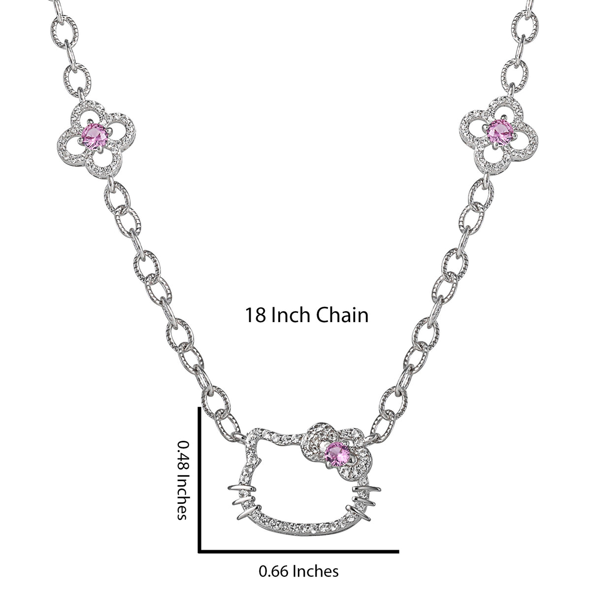 Hello Kitty 18" Quatrefoil Sterling Silver Drop Necklace (Pink & White Sapphire) Jewelry JACMEL JEWELRY INC