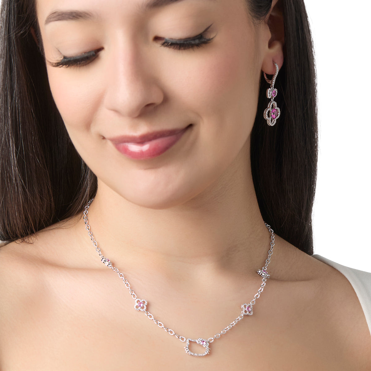 Hello Kitty 18" Quatrefoil Sterling Silver Drop Necklace (Pink & White Sapphire)