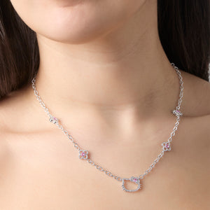 Hello Kitty 18" Quatrefoil Sterling Silver Drop Necklace (Pink & White Sapphire)