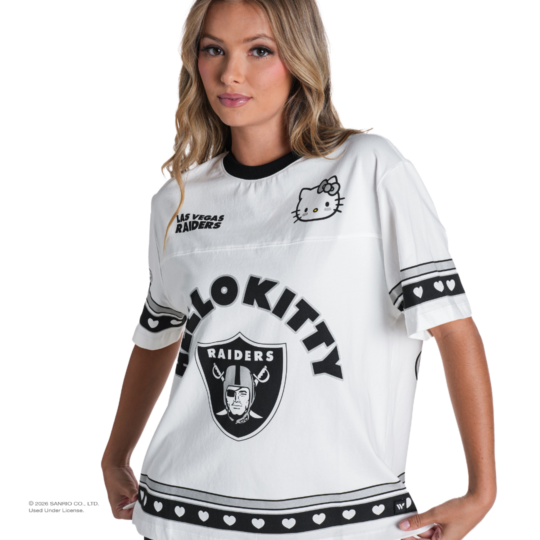 Hello Kitty x The Wild Collective Las Vegas Raiders Drop Shoulder Boyfriend Tee Apparel The Wild Collective