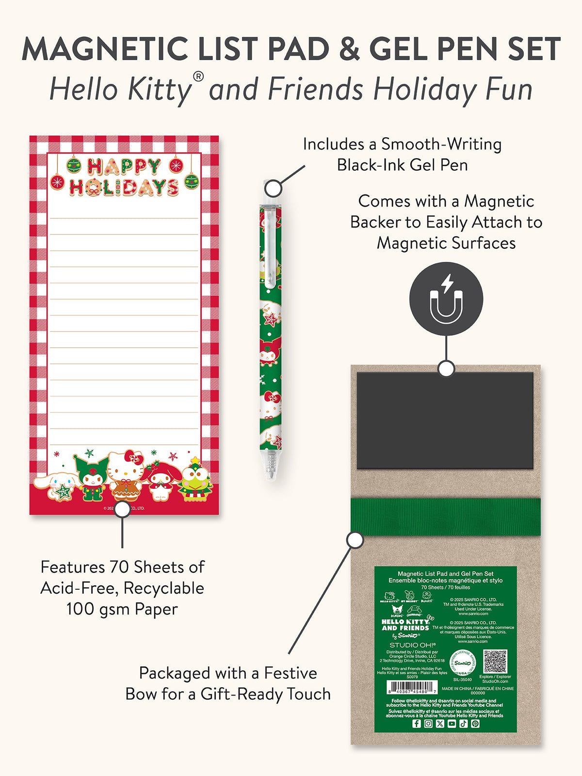 Hello Kitty and Friends x Studio Oh! Holiday Fun Magnetic List Pad & Gel Pen Set
