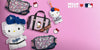 Hello Kitty-themed products including a plush toy, bags, and keychain on a pink background with MLB logos.