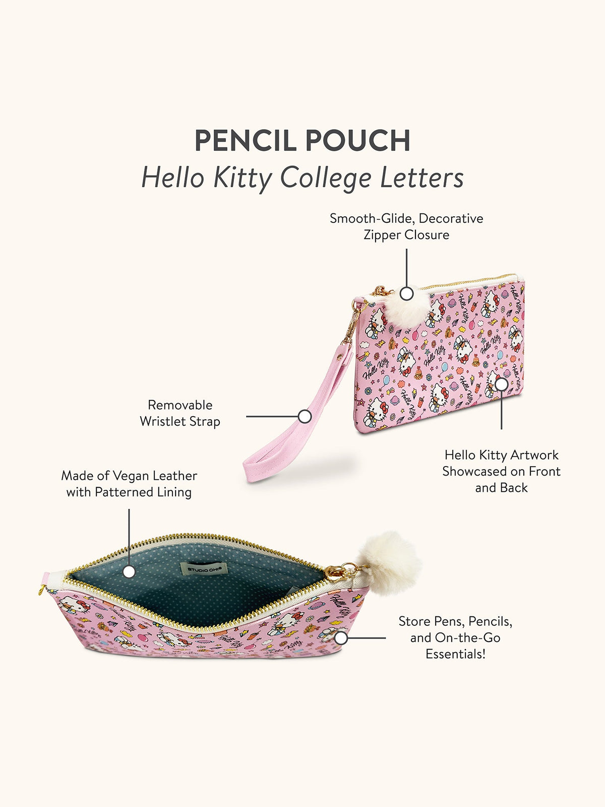 Hello Kitty and Friends x Studio Oh! College Letters Pink Pencil Pouch Stationery Studio Oh!