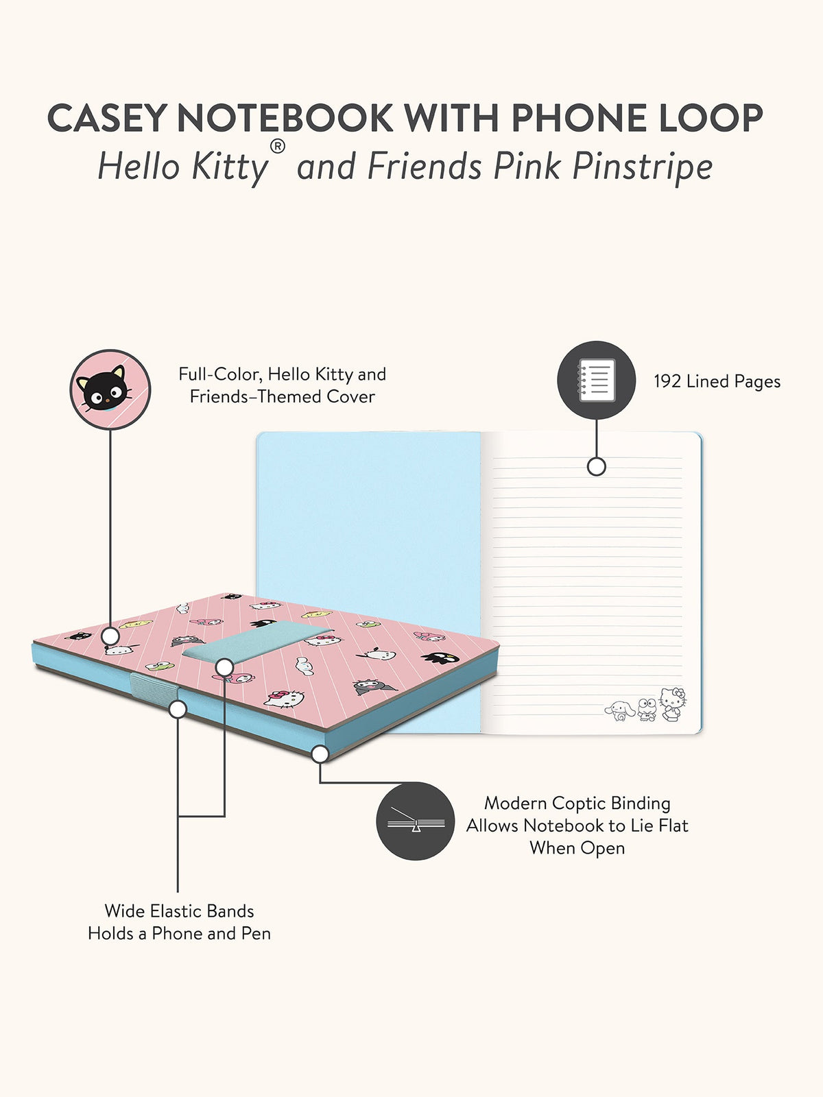 Hello Kitty and Friends x Studio Oh! Pink Pinstripe Casey Notebook with Phone Loop