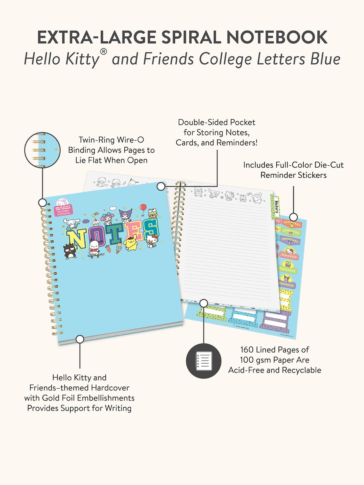 Hello Kitty and Friends x Studio Oh! College Letters Blue Extra-Large Spiral Notebook