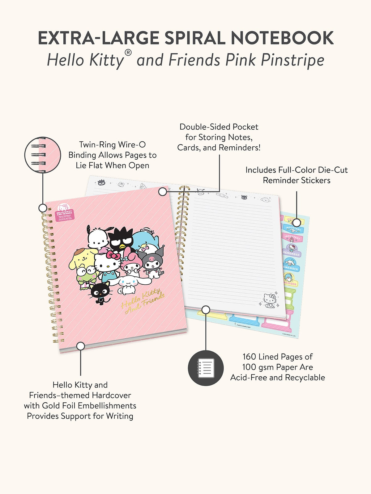 Hello Kitty and Friends x Studio Oh! Pink Pinstripe Extra-Large Spiral Notebook