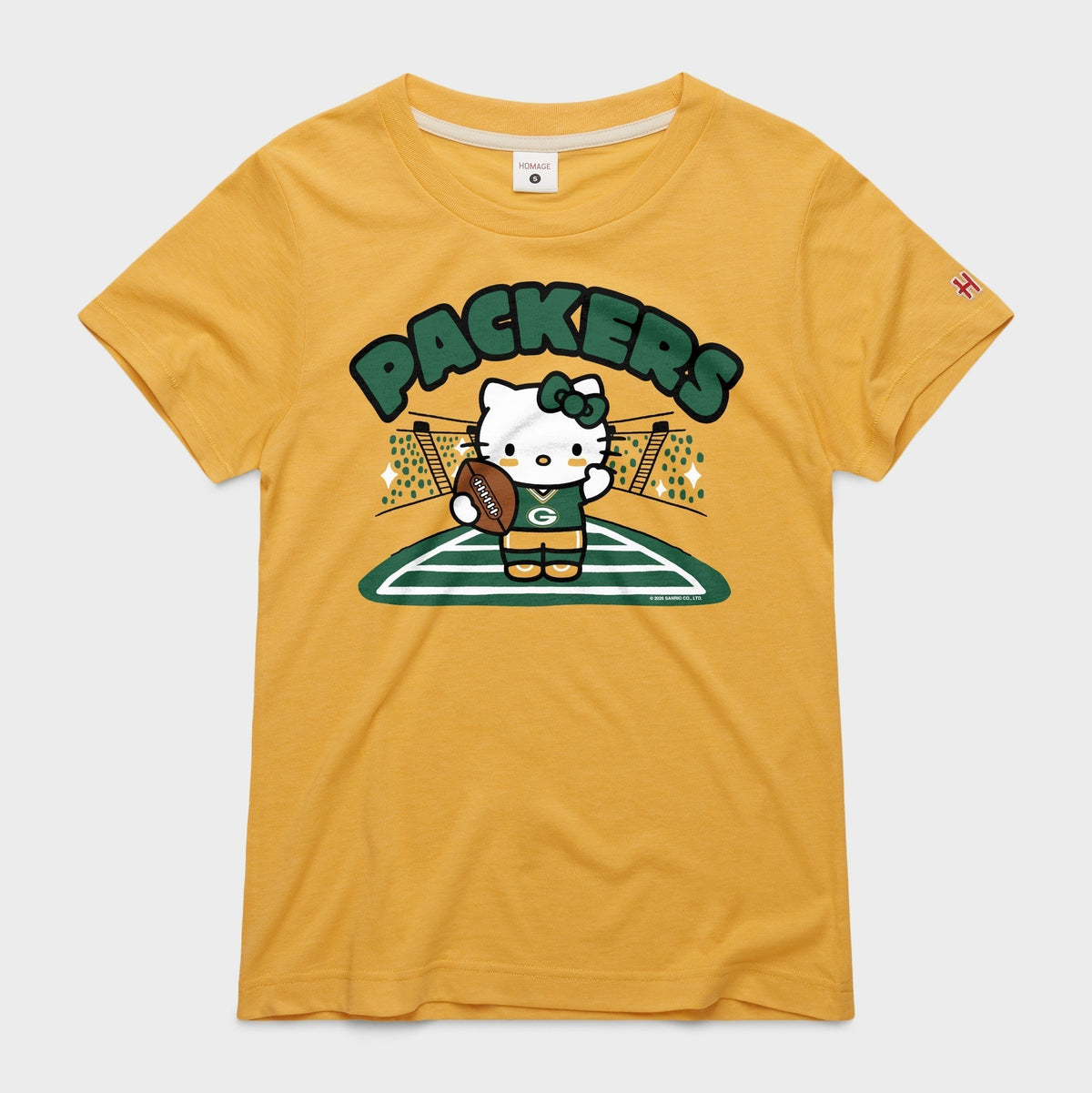Hello Kitty x Green Bay Packers Football Tee (Womens) Apparel HOMAGE Gold XS