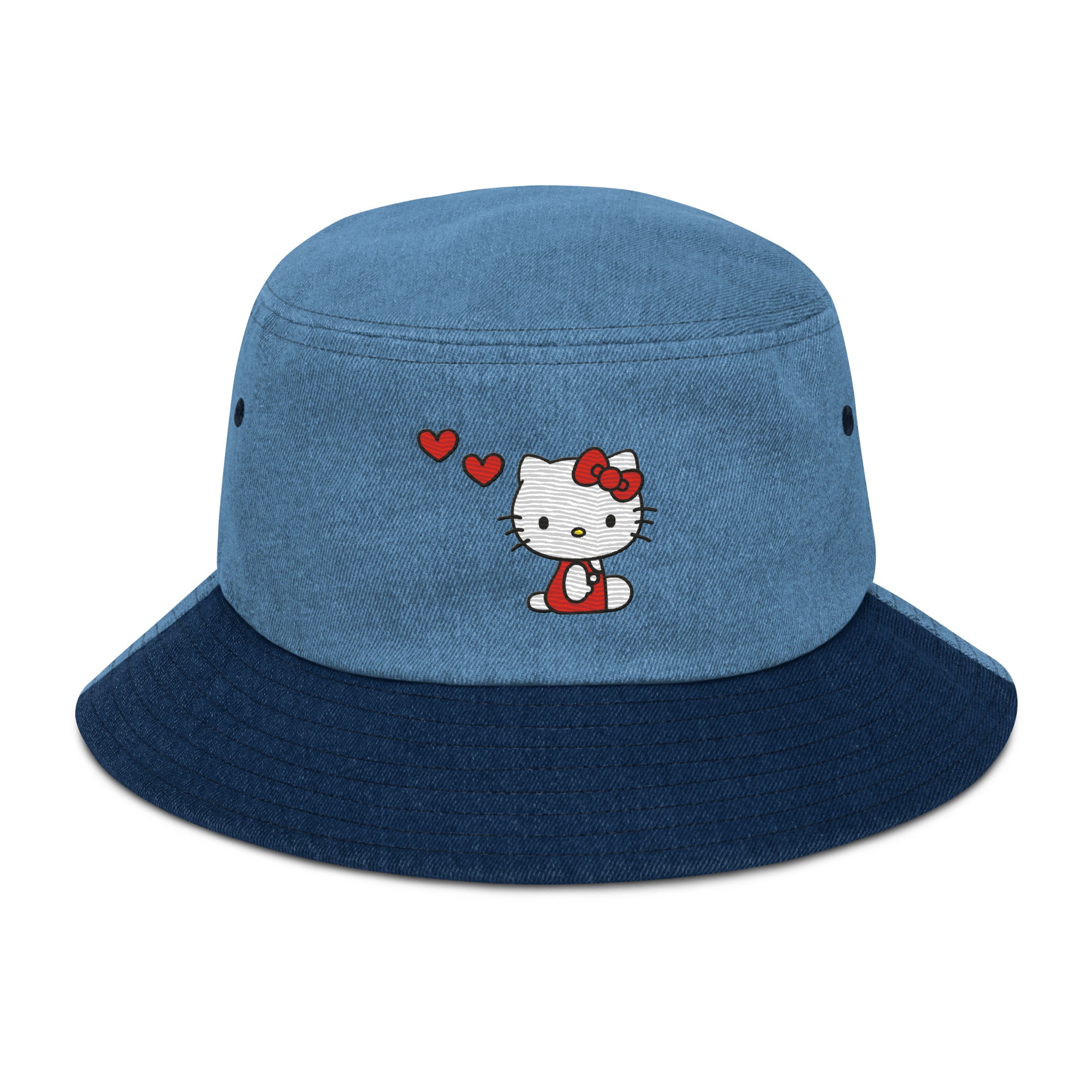 Hello Kitty Embroidered Denim Bucket Hat Accessory Printful Classic / Light Denim  