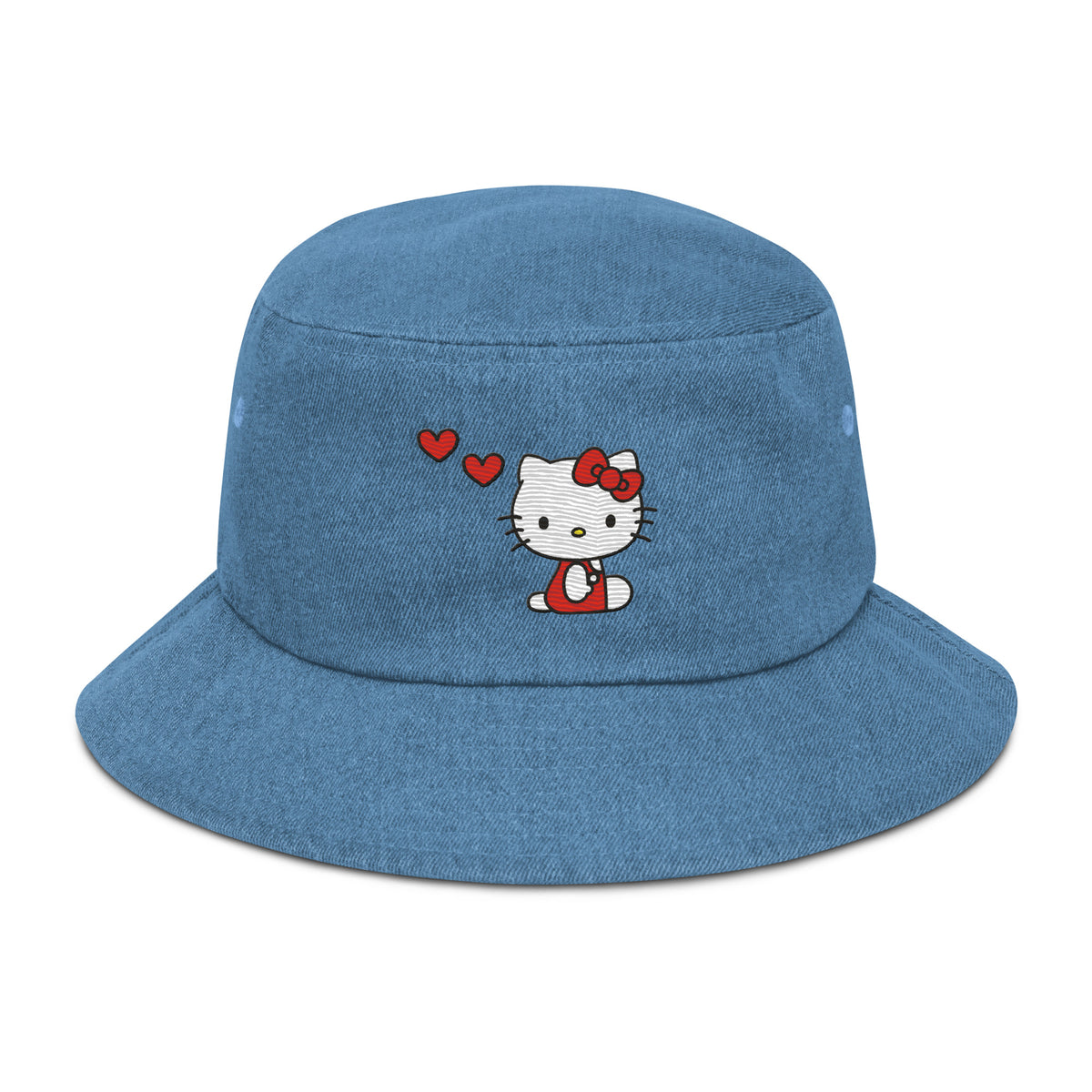 Hello Kitty Embroidered Denim Bucket Hat Apparel Printful Light Denim  