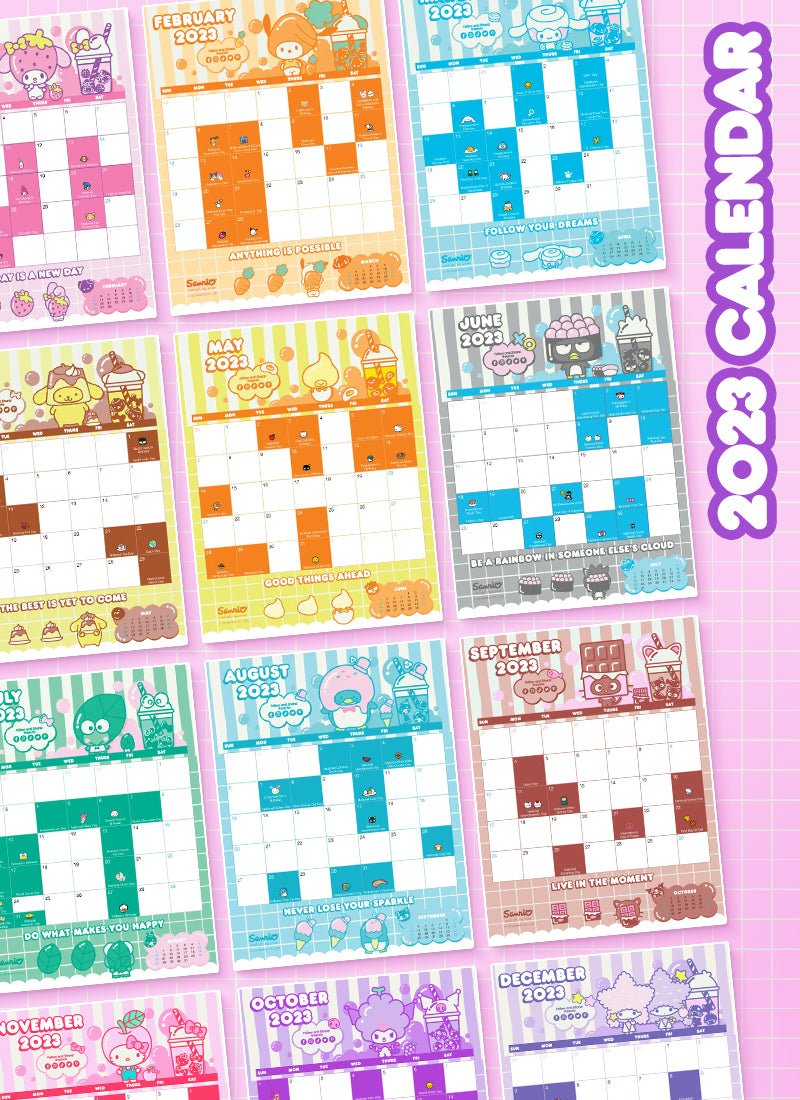 2023 Calendar - Graphic for free downloadable calendar containing all 12 months with different Sanrio characters