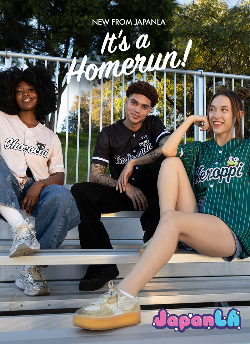 Three people sitting on a bench outdoors with 'JapanLa' branding.