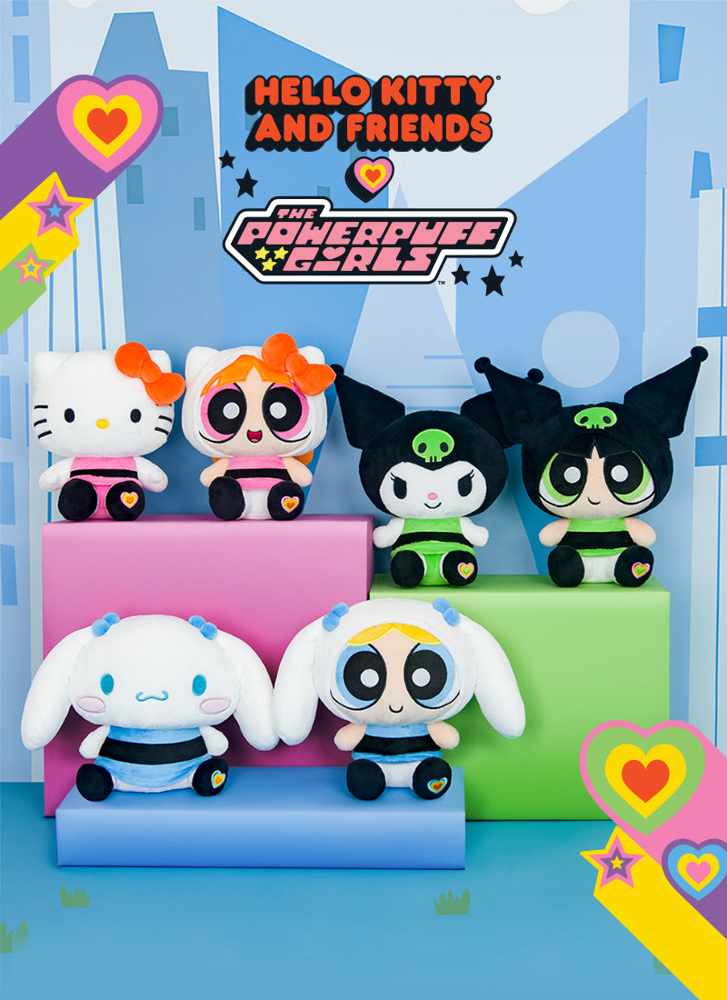 Hello Kitty and Powerpuff Girls plush toys on a colorful background with 'Hello Kitty and Friends' and 'Powerpuff Girls' branding.
