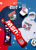 USWNT Hello Kitty merchandise including a sweatshirt, cap, scarf, and hoodie on a red and blue background.