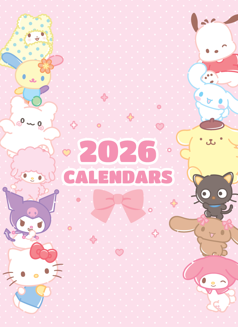 2026 calendars with Sanrio characters on a pink background.