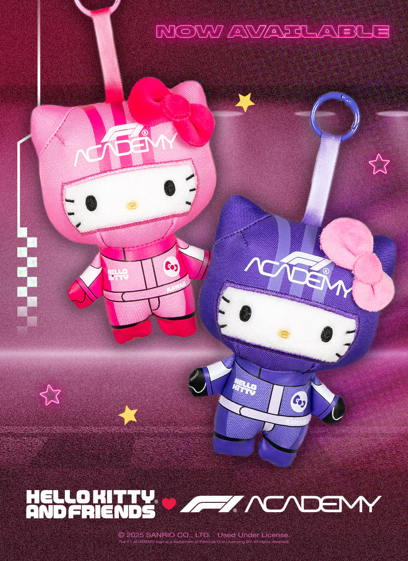 Two Hello Kitty plush toys in racing outfits on a purple background with 'F1 Academy' branding.