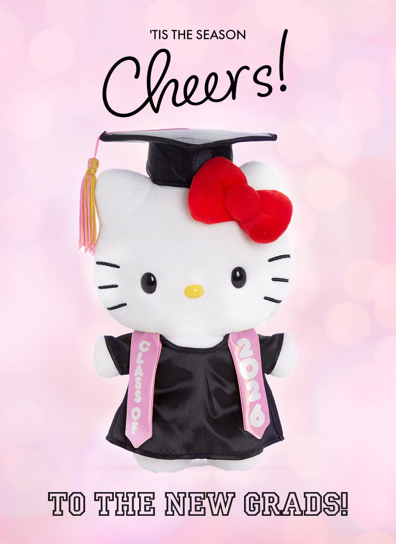Hello Kitty Graduation Plush 2026 against a pink background. 