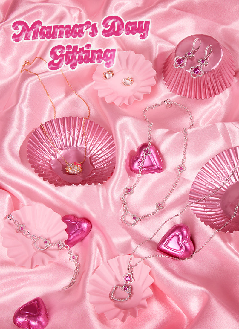Hello Kitty Mother's Day Jewelry Collection displayed against a pink background.