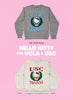 Gray sweatshirt with UCLA USC and Hello Kitty design on a pink background