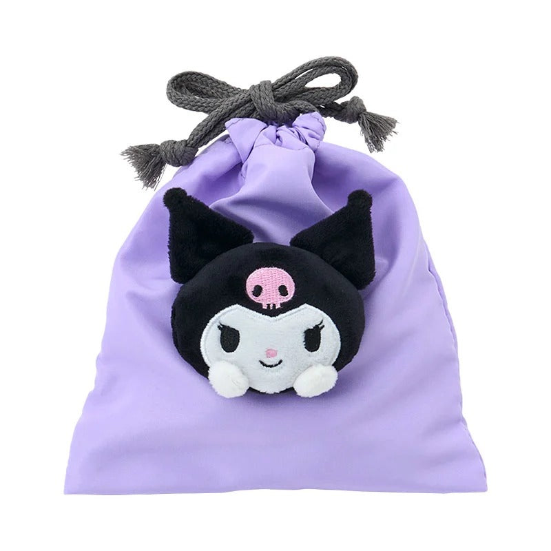 Kuromi Face Plush Drawstring Travel Pouch Bags Japan Original