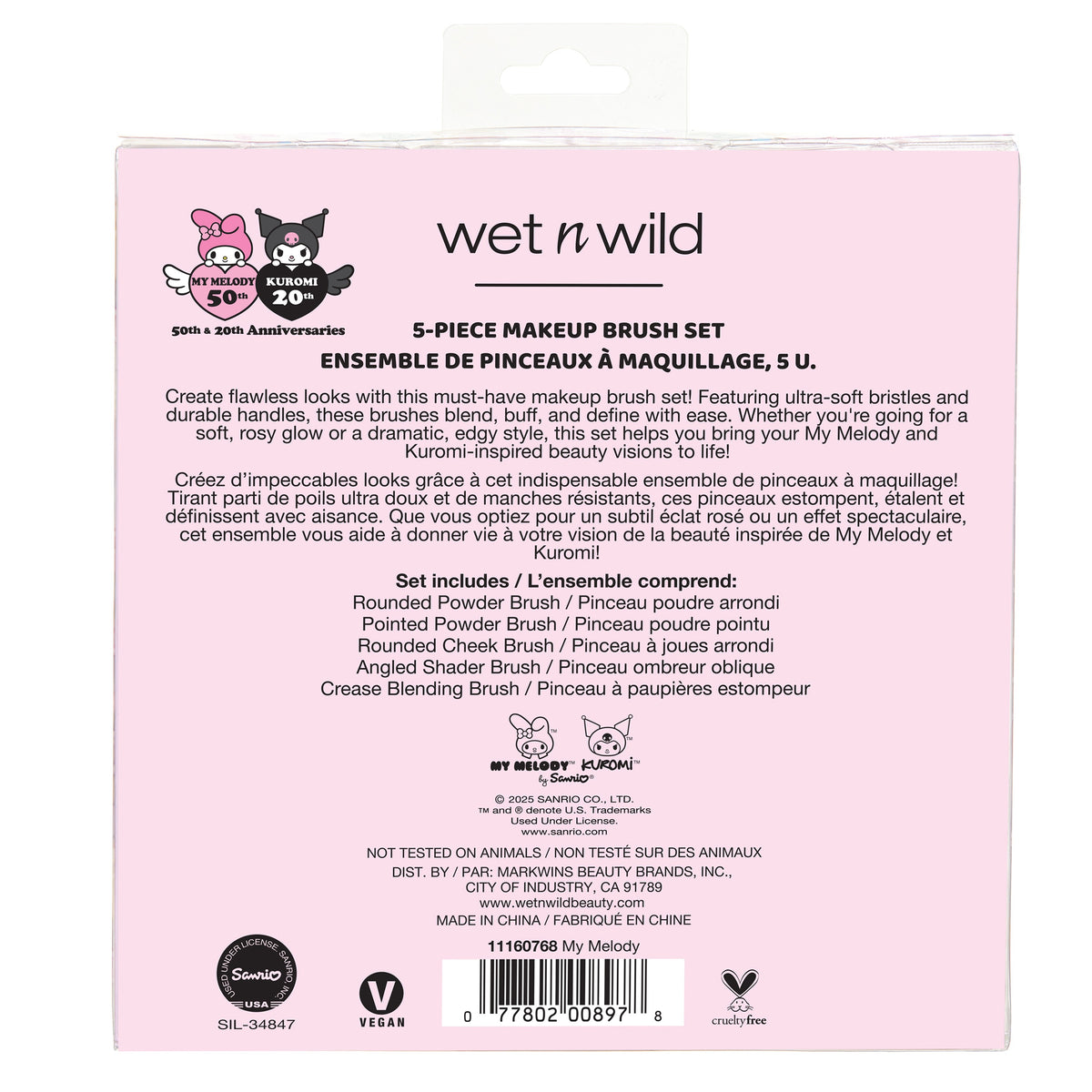My Melody & Kuromi x Wet n Wild 5-Piece Makeup Brush Set (My Melody) Beauty MARKWINS