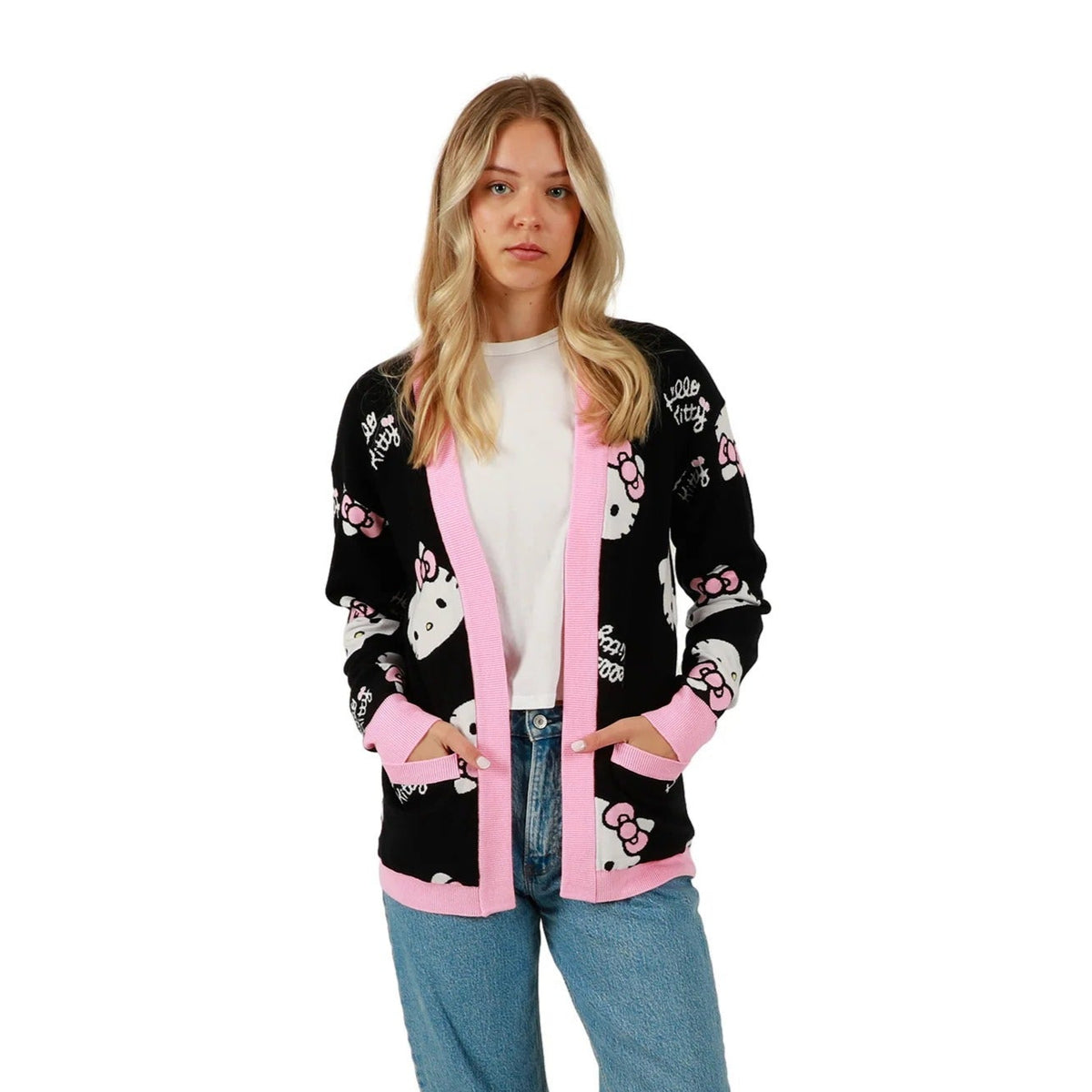 Hello Kitty Cozy Face Knit Cardigan (Black & Pink) Apparel BIOWORLD