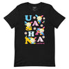 U*SA*HA*NA Scattered Letters Tee Apparel Printful Black XS 