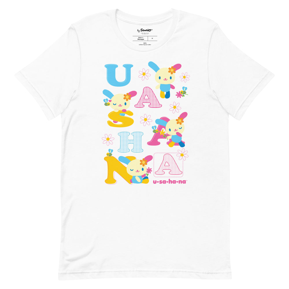 U*SA*HA*NA Scattered Letters Tee Apparel Printful White XS 
