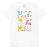 U*SA*HA*NA Scattered Letters Tee Apparel Printful White XS 